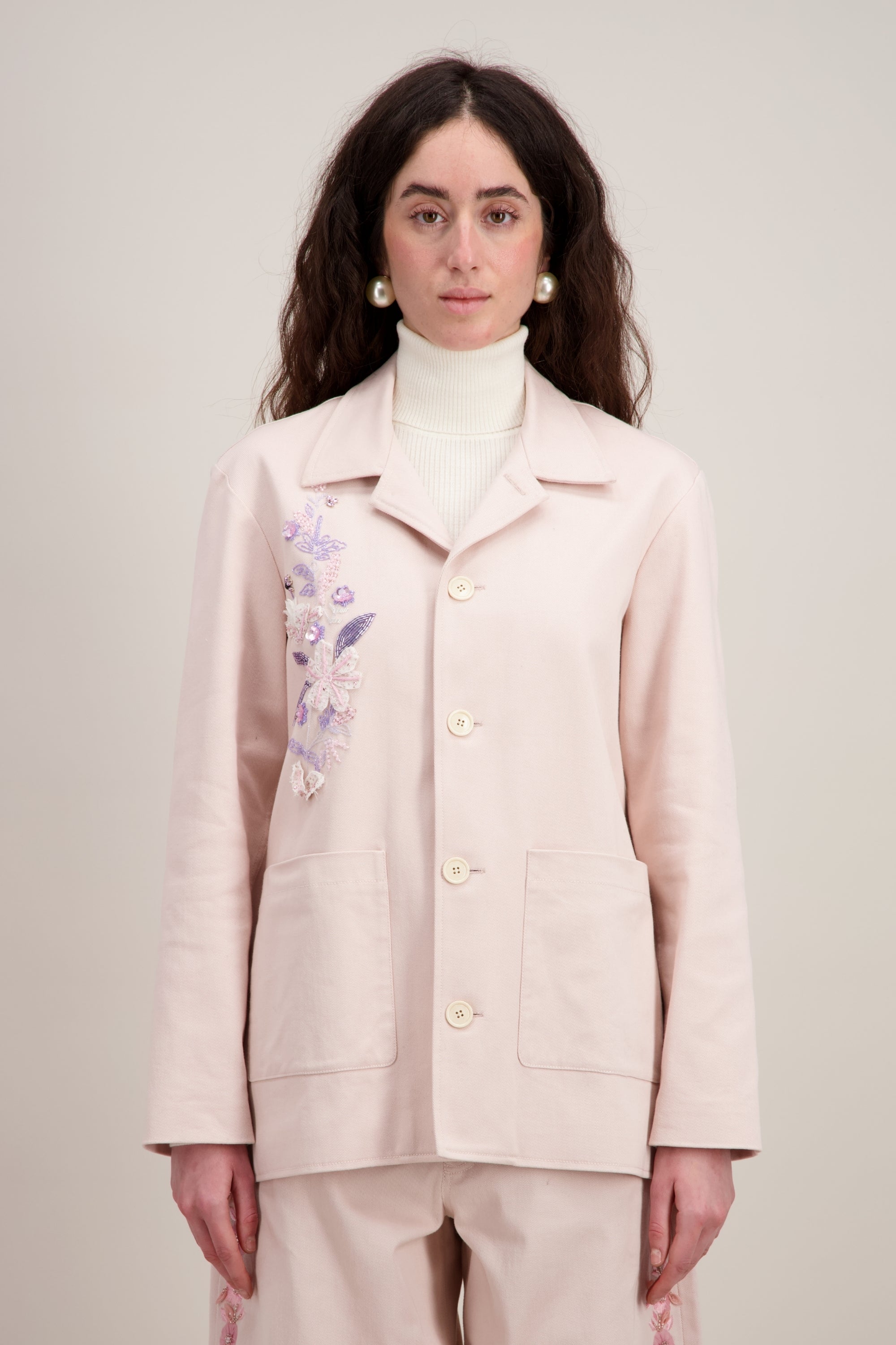 Veste Worker Brodée, Coupe droite et confortable, rose. Vu en détail