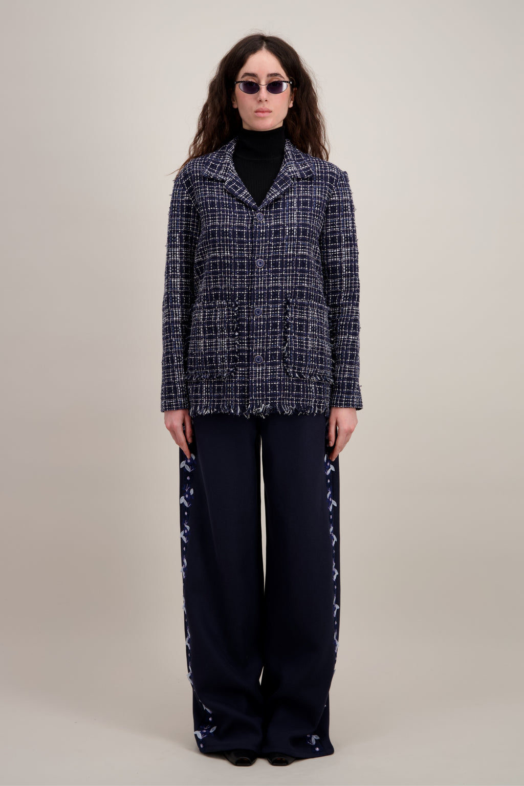 Veste Worker en tweed, Coupe droite et confortable, bleu. Vu en entier