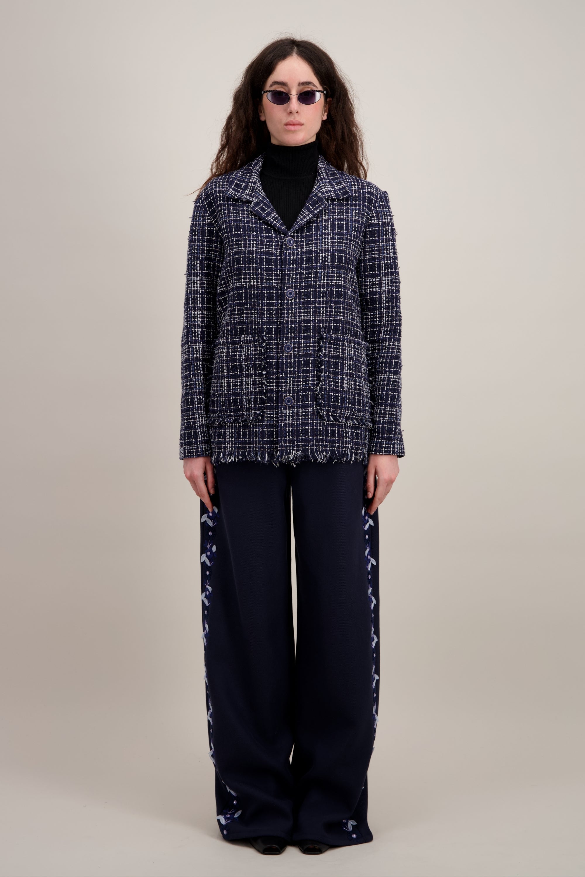 Veste Worker en tweed, Coupe droite et confortable, bleu. Vu en entier