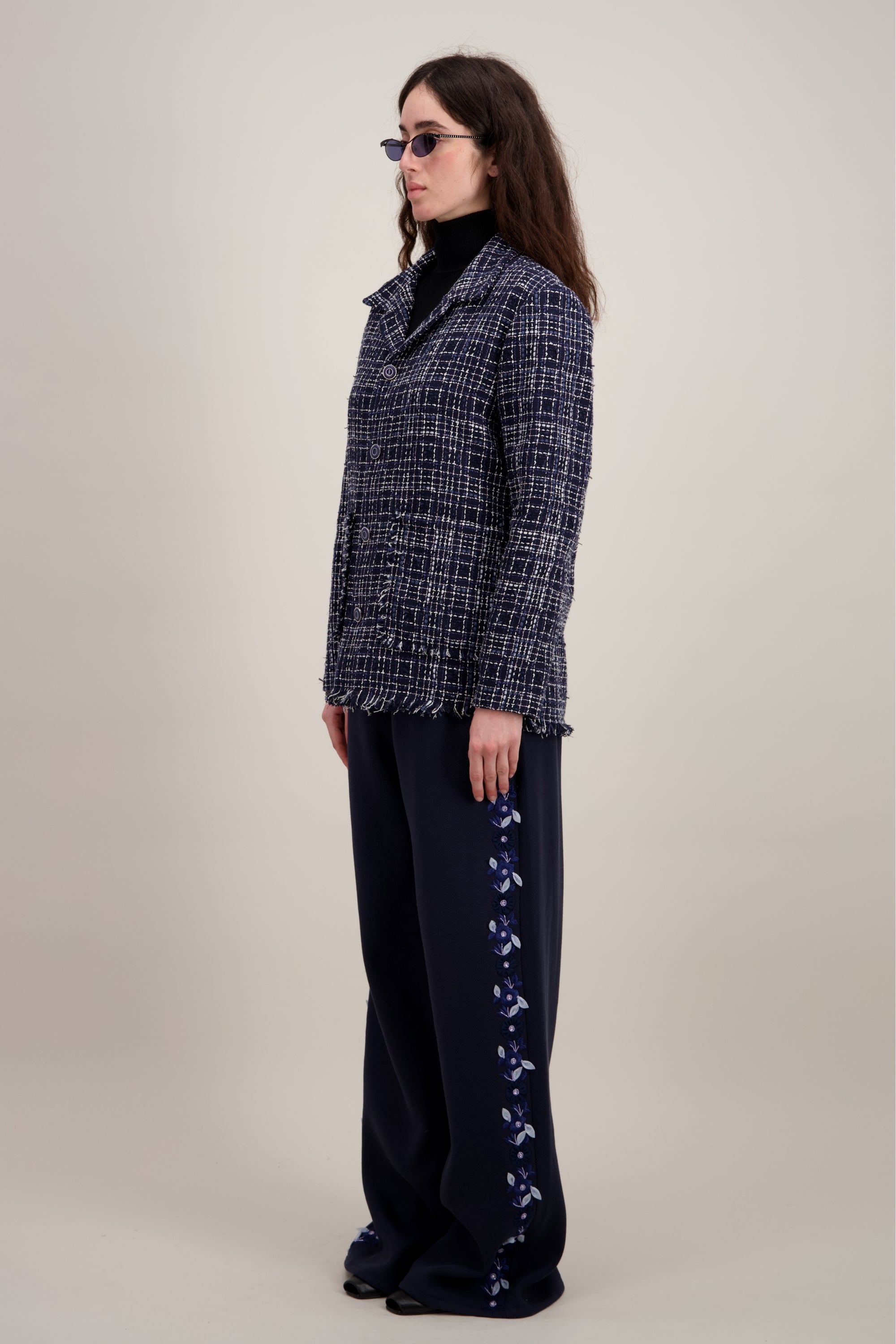 Veste Worker en tweed, Coupe droite et confortable, bleu. Vu de trois quarts